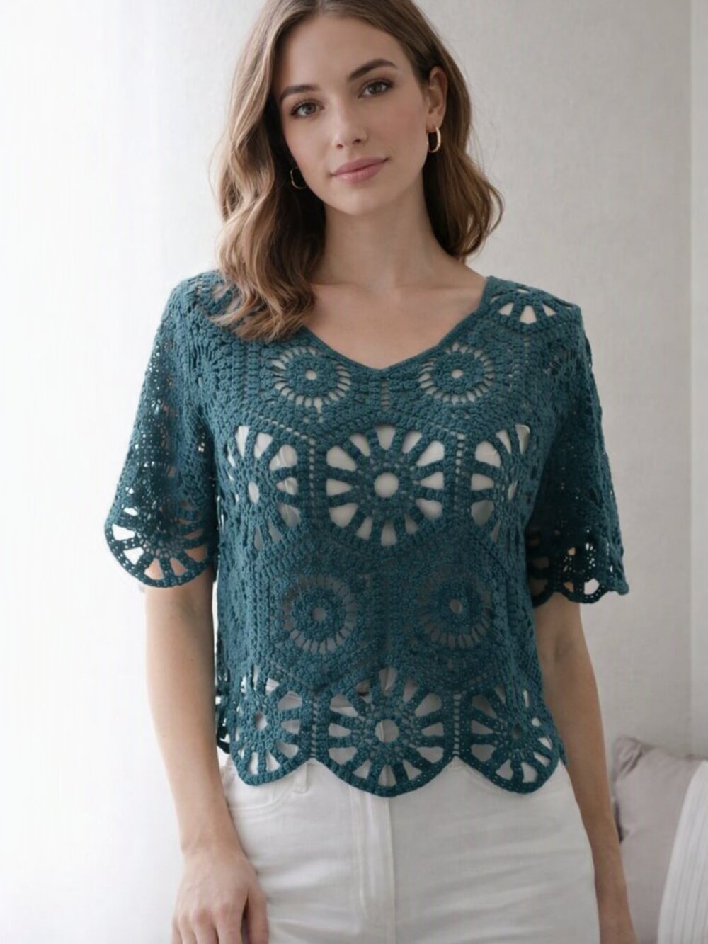 Handmade Teal Crochet Short-Sleeve Top